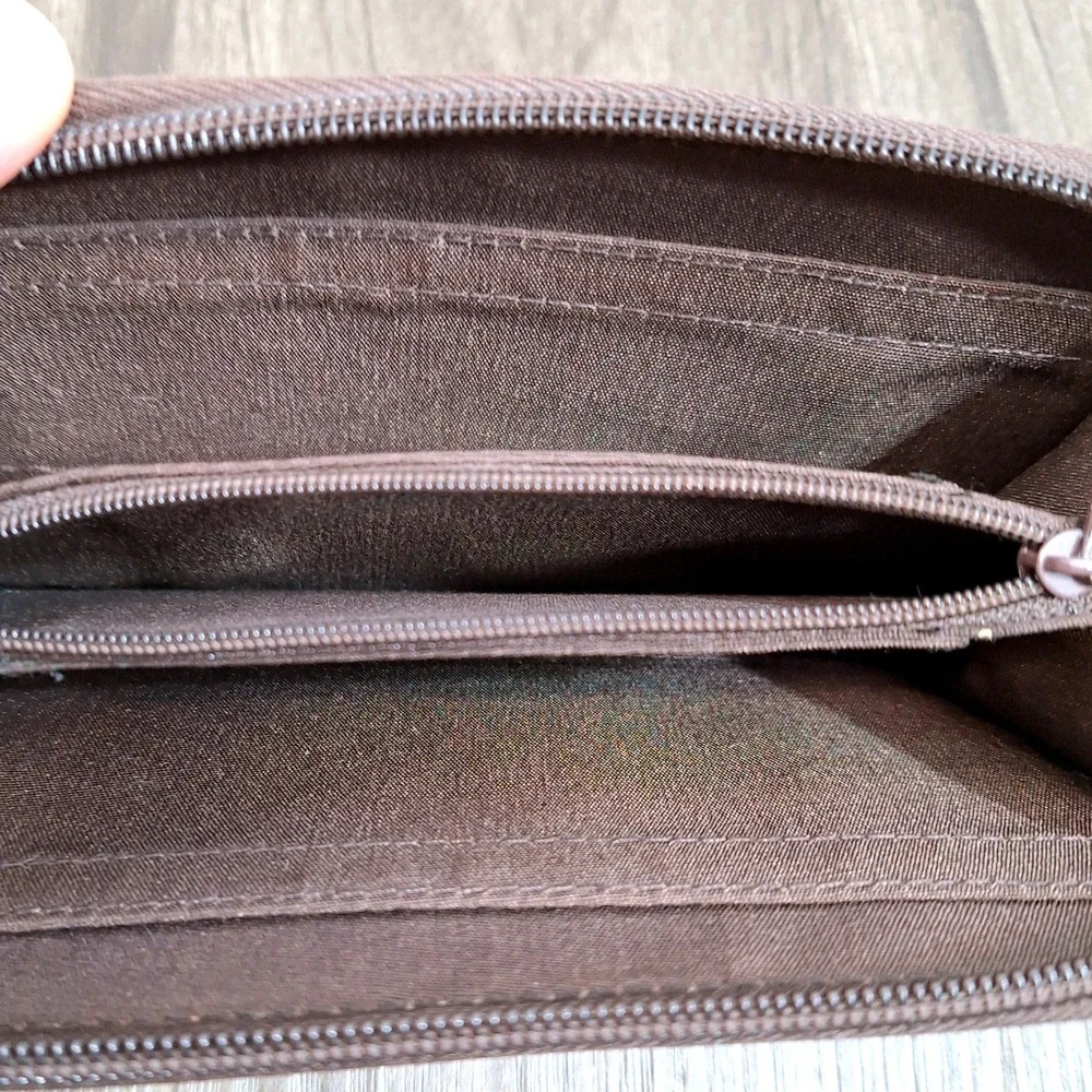Rosetti Brown Faux Leather Zip Around Wallet‎ Silver Logo Contrast Stitching